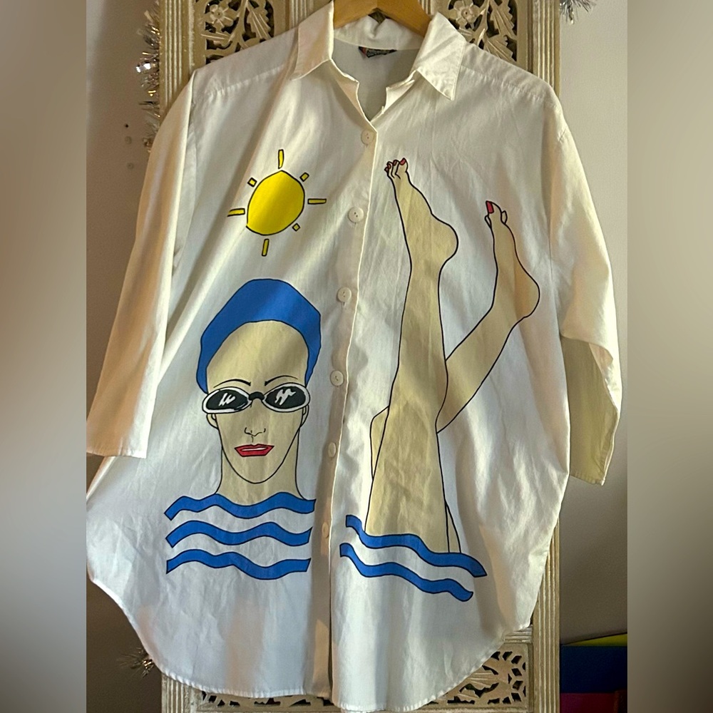 Vintage Print Beach Day Swimmers Leggy Button Up Camp Shirt White 3/4 sleeves